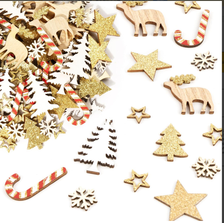 Christmas table decorations, wooden reindeer, stars, Christmas trees, Christmas candy canes, snowflakes, glitter, DIY Christmas accessories
