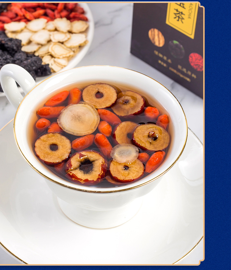 Ginseng Five Treasures Tea Ren Shen Wu Bao Cha Herbal Tea Bags 150g Sugar Free Daily Wellness Brew in use