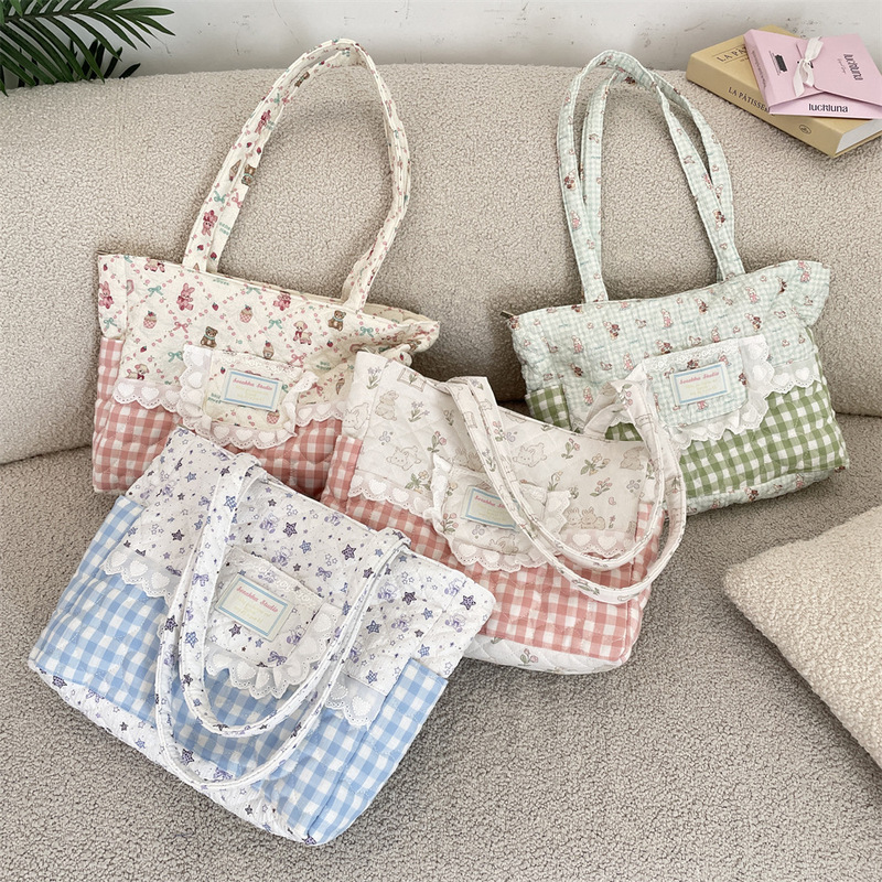 511142 Cute Lace Plaid Stitching Canvas Bag for Women 2025 New Fashion Casual Commuter Tote Bag 511142 Cute Lace Plaid Stitching Canvas Bag for Women 2025 New Fashion Casual Commuter Tote Bag