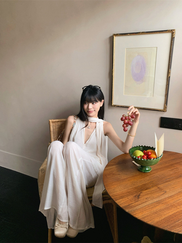 リボン V ネックルーズノースリーブシャツベスト女性の夏の禅スーツ薄いカジュアルワイドレッグパンツ 2 点セット|undefined