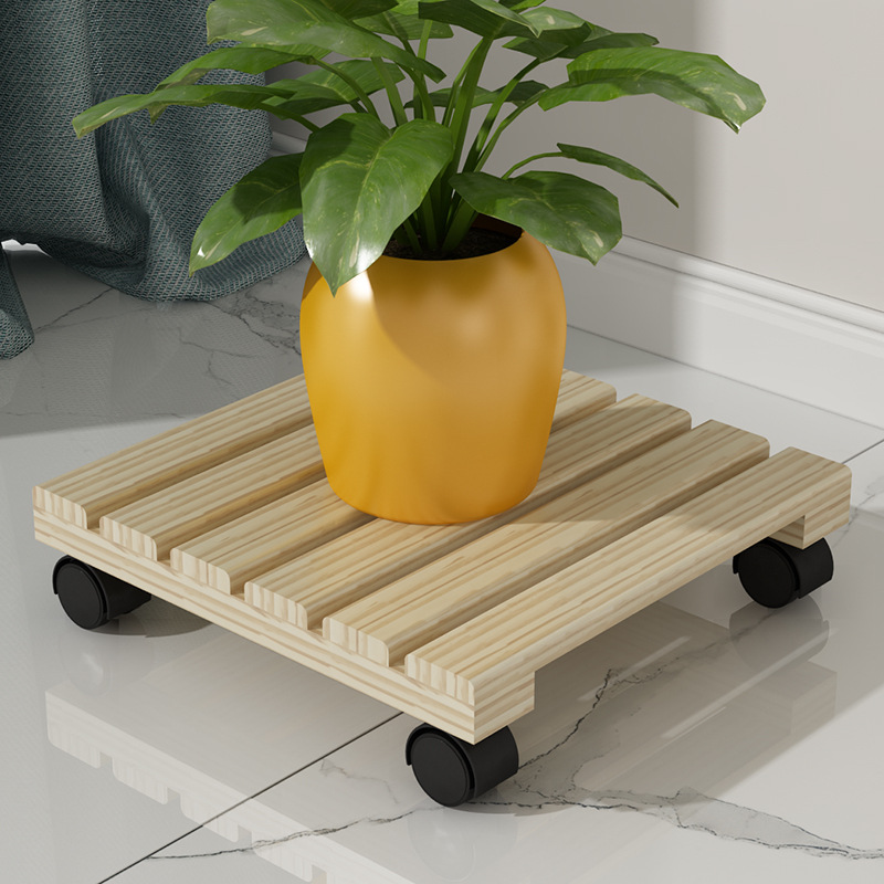 Square mobile flower tray wooden flower pot stand solid wood flower pot tray with universal wheels factory direct sale strong and durable