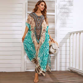 波西米亚大码裙子沙滩罩衫非洲民族印花度假女士休闲长袍衫连衣裙