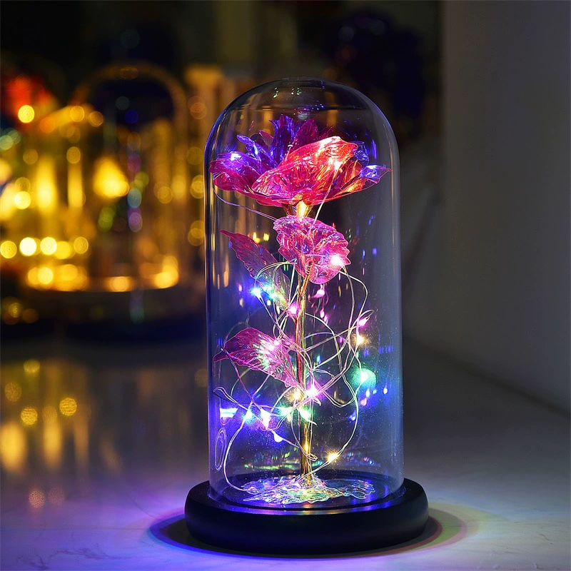 Золотая фольга 24k Amazon роза цветок стеклянная крышка LED искусственный цветок подарки на День святого Валентина и Рождество, вазочка
