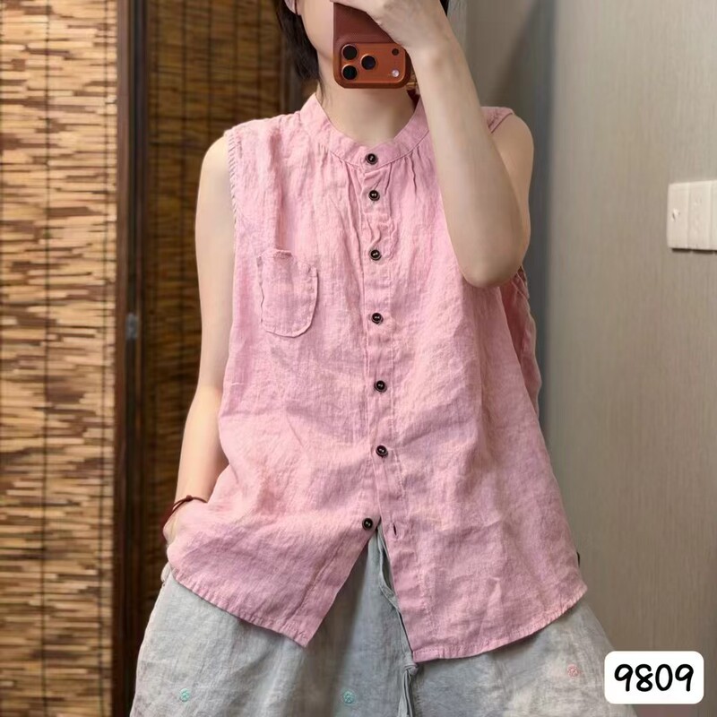 New Loose-Fitting Simple Linen Stand-Collar Sleeveless Shirt, Versatile Casual Top