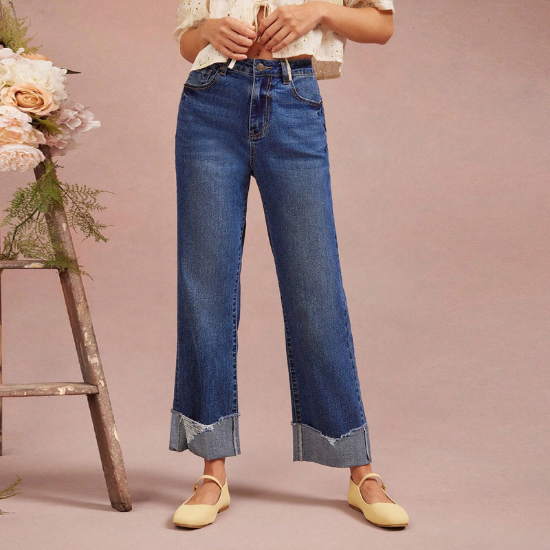 Aliexpress Amazon Cross-Border New Women's Jeans Mid-Waist Elastic Straight Leg Slimming Dark Wash