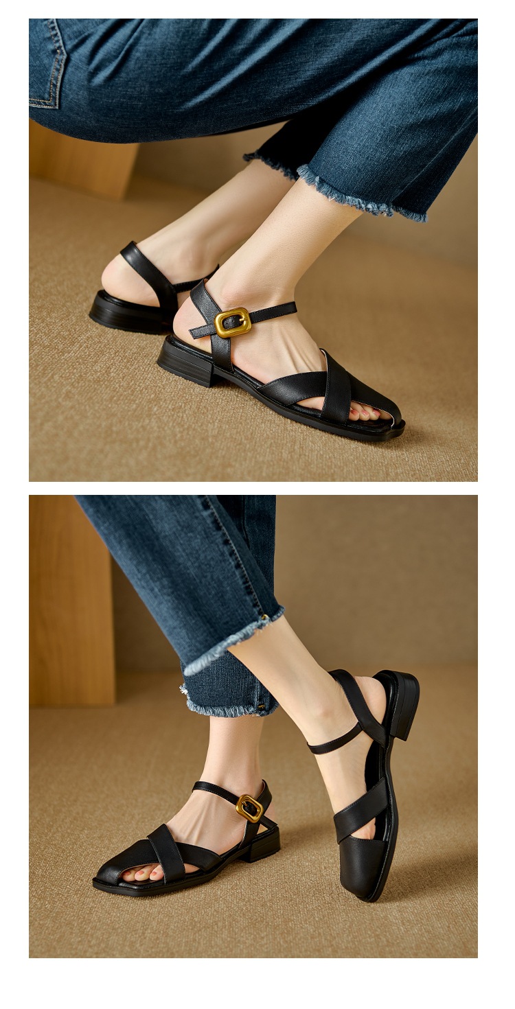 Sandal nữ da bò bít mũi quai ngang đế bằng — Màu nâu chi tiết 13
