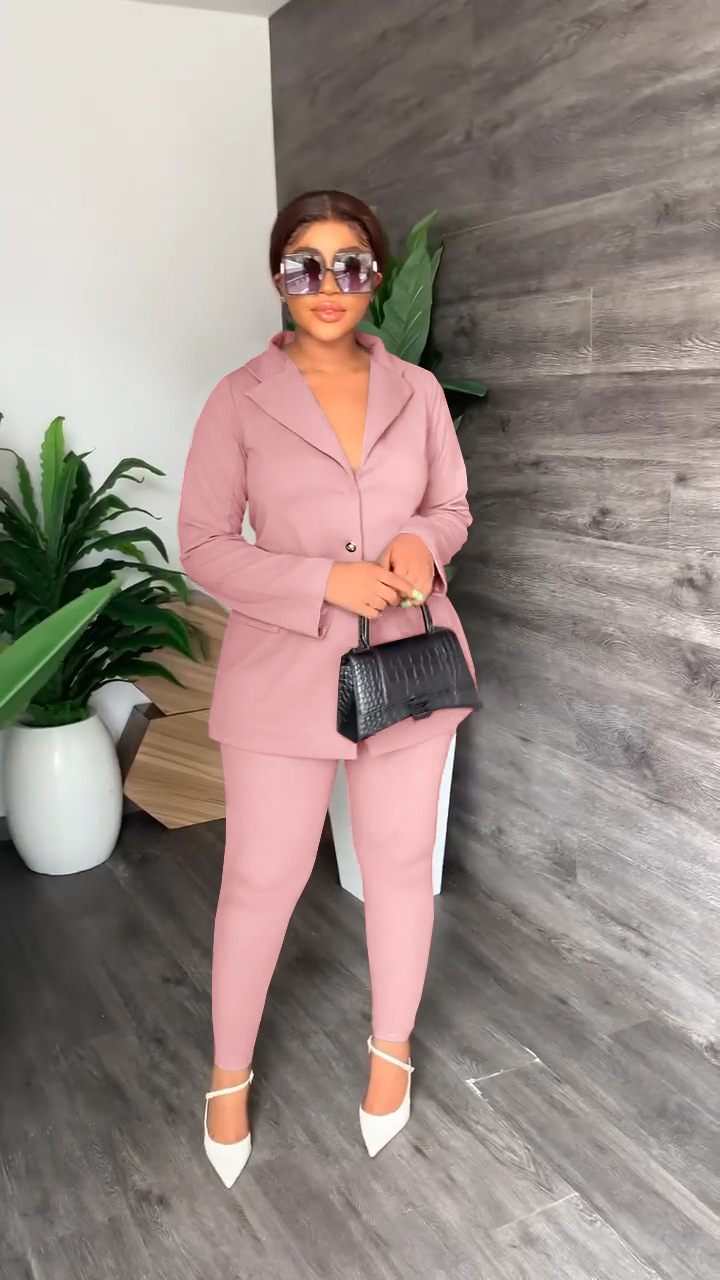 solid color back hollow bandage suit jacket and trousers Two Piece Set NSLML136483