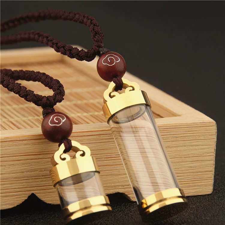 Transparent Opening Pendant, Tidium Steel Necklace Bottle with Chain, Cinnabar Accent