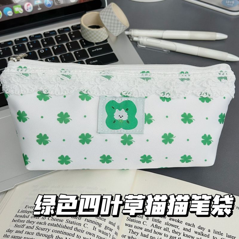 可爱幸运四叶草蕾丝边笔袋ins少女心收纳包高颜值大容量铅笔袋|undefined