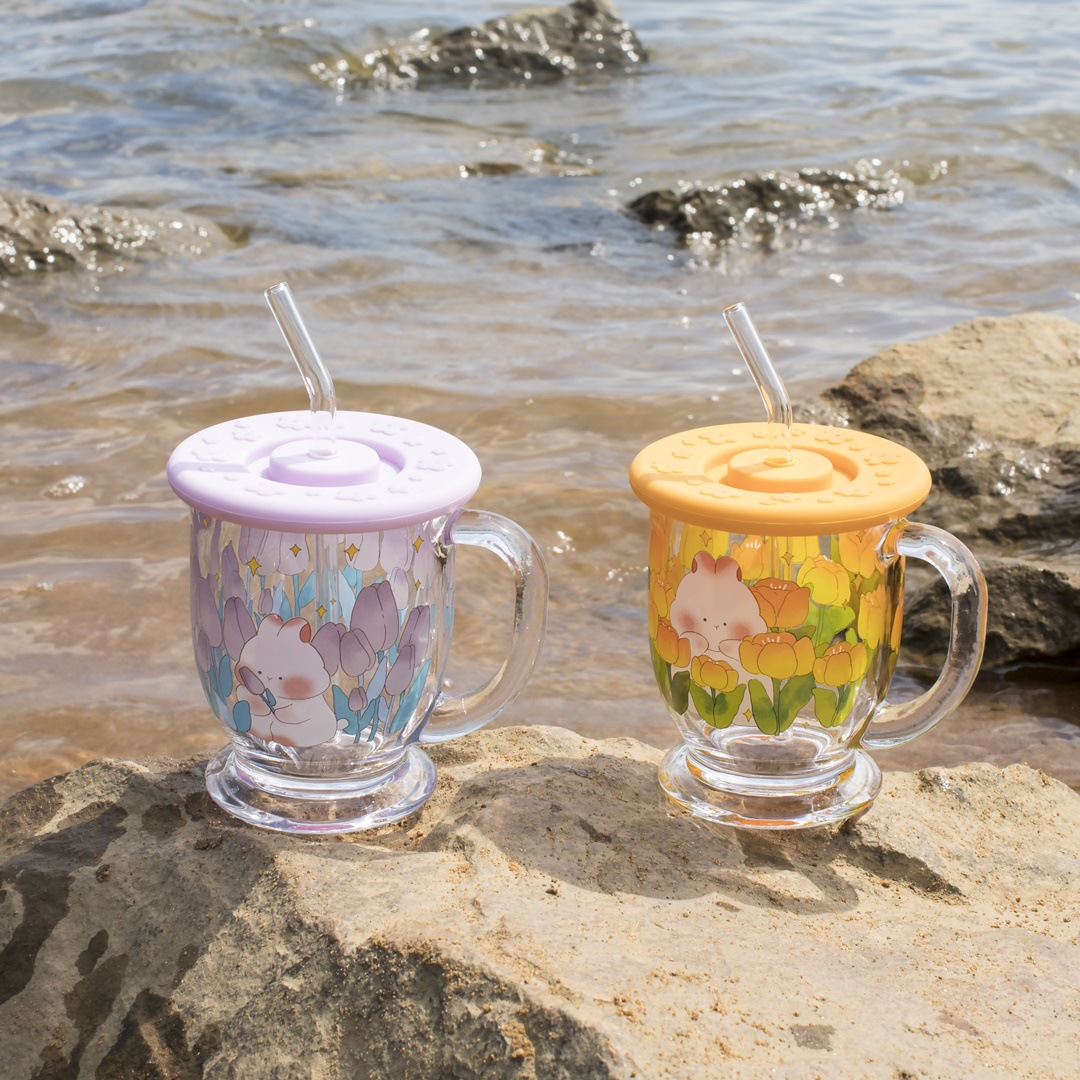 Creativo simple Flor del tulipán conejo de dibujos animados taza con la mano regalo paja vidrio agua Oficina
