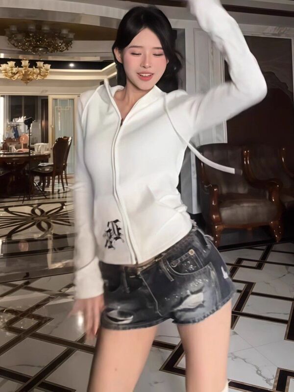 白色长袖连帽拉链开衫卫衣早秋新款气质百搭字母印花修身显瘦上衣|undefined