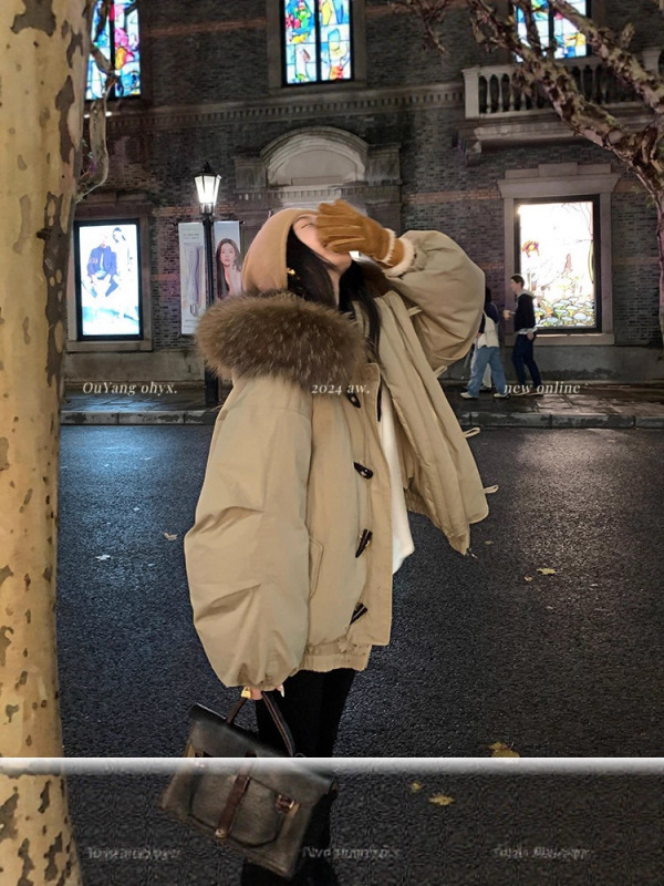 牛角扣大毛领连帽棉服外套女短款冬季韩系小个子加厚工装派克服|undefined