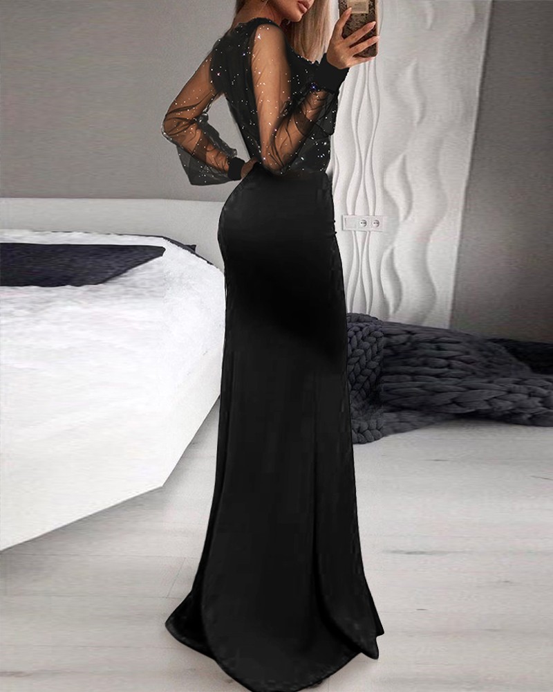 Elegant Solid Color V Neck Long Sleeve Patchwork Maxi Long Dress A-line Skirt display picture 3