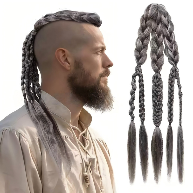 Cross-Border Hot-Selling Viking Men's Dreadlock Wig Extensions 24inch Handmade Braided Hair Clip-On Ponytail Wigs Wholesale Cross-Border Hot-Selling Viking Men's Dreadlock Wig Extensions 24inch Handmade Braided Hair Clip-On Ponytail Wigs Wholesale