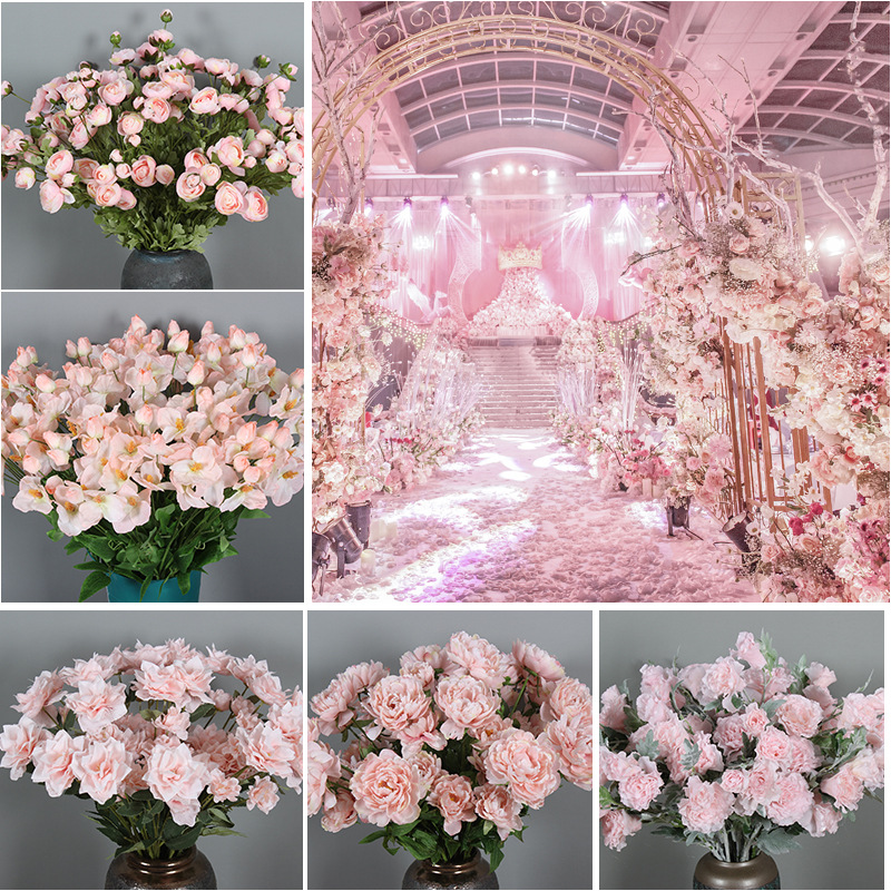 仿真花色系婚礼堂塑料假花梦幻粉色系芹菜叶插花花艺软装厂家直供