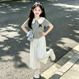 女童夏季娃娃领短袖套装2026新款儿童洋气上衣小女孩阔腿裤一整套