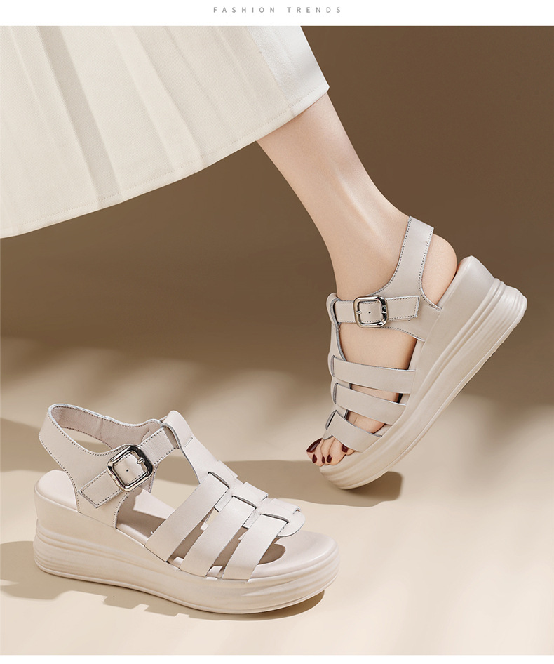 Dép sandal nữ đế xuồng kiểu La Mã, đế dày tăng chiều cao, da mềm đa năng mùa hè — 7177 Màu đen, 7177 màu be chi tiết 14