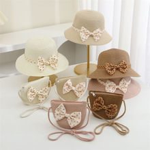 儿童双色波点蝴蝶结草帽夏季出游女童草编渔夫帽包包套装亲子款