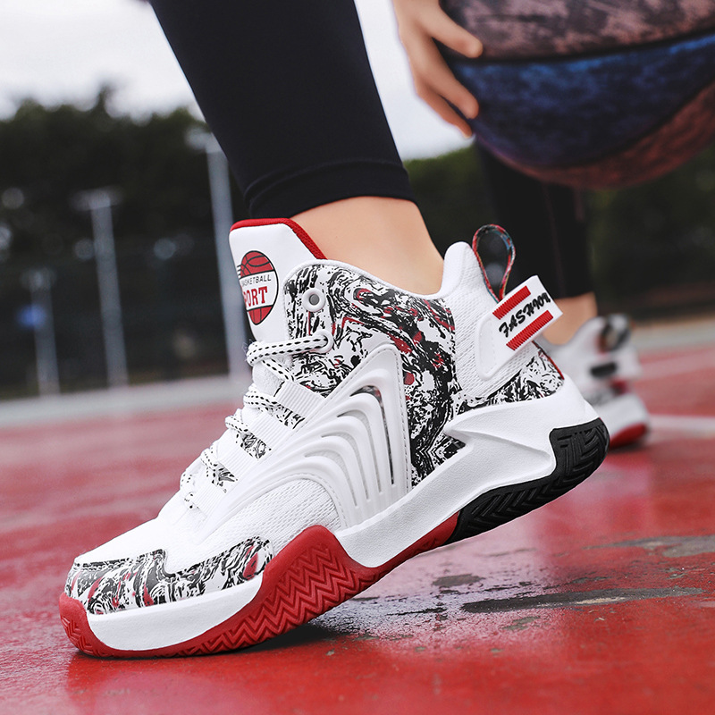 Męskie dziecięce buty do koszykówki jesień zima wysoki krój skóra powierzchnia, kolorowe graffiti, chłopięce buty treningowe, podstawowe i_voghion.com