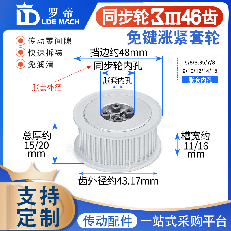 3M免键涨紧套 同步轮3M46齿 3M46T 槽宽11/16 AF型两面平同步带轮