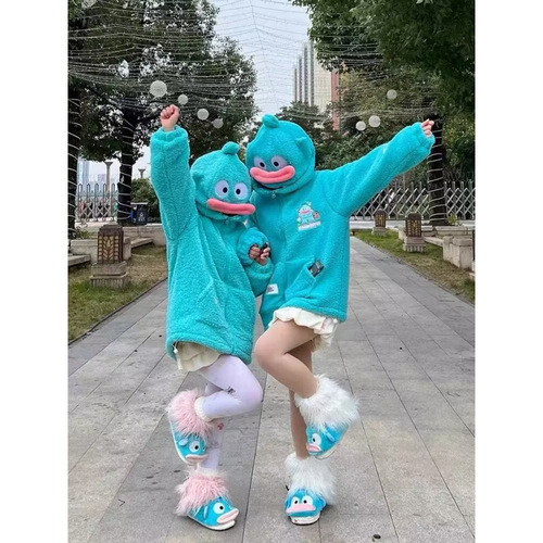 Clown fish hooded lamb fur coat for women in winter loose design niche funny street plus velvet thickened cotton clothing