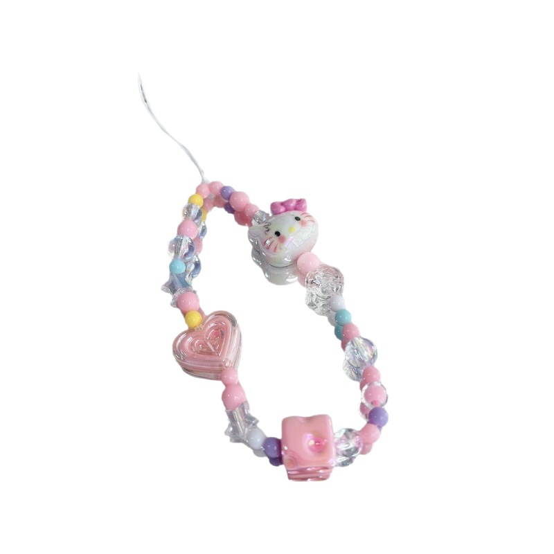 Gato con cuentas originales rosa Sanrio pintado a mano lindo cadena de teléfono móvil cuerda de cámara anti-perdida decoración de cadena de colgante de teléfono móvil