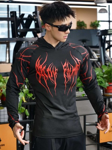 2025 Men's Sport Fitness Running Hooded Tight Fitting Gothic Pattern Print Quick Dry Long Sleeve Sweatshirt