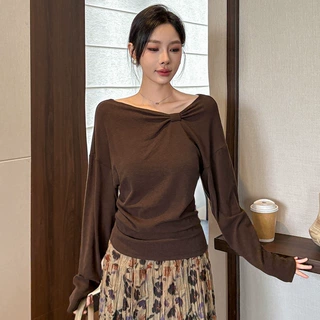 2026早秋新款纯欲风辣妹修身显瘦荡领长袖t恤女蝴蝶结设计感上衣