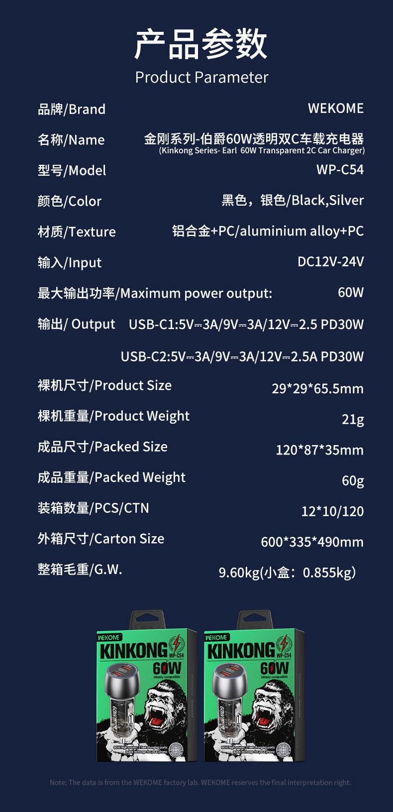WEKOME. Jue 60W Transparent Double C Car Charger Transparent Industrial Punk Wind Car Charger C54