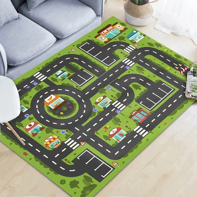 Cartoon Children's Enlightenment Carpet Floor Mat Car Track Bedside Blanket Bedroom Carpet Children's Crawling Blanket Cuttable Mat (Avtomobil döşəmə paspasları) - qybr-2033-120160cm-crystal-velvet