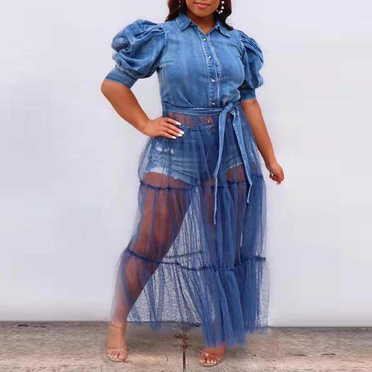 2025 New European and American Plus Size Women's Dress Cardigan Long Skirt Elegant Work Clothing Blue Denim Splicing Mesh Skirt