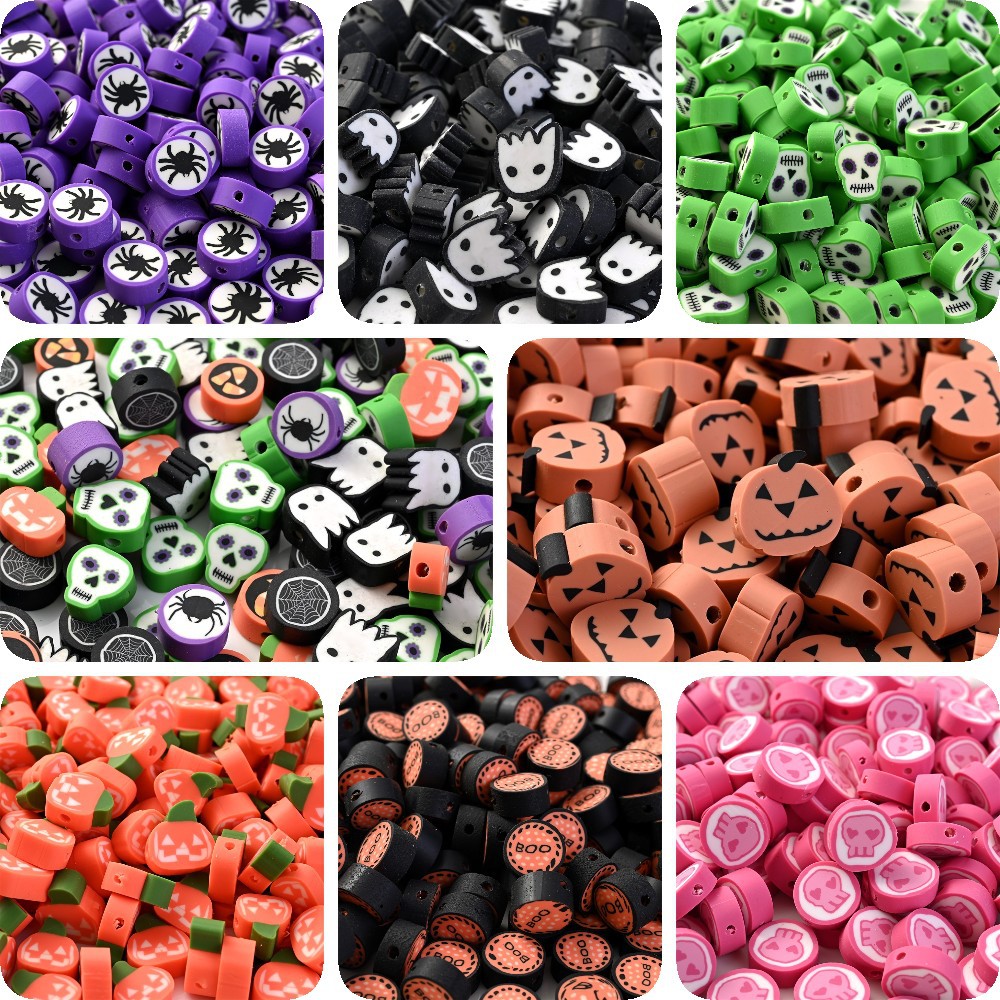 50pcs Clay Beads Halloween Cartoon Pumpkin Face Skeleton Spi
