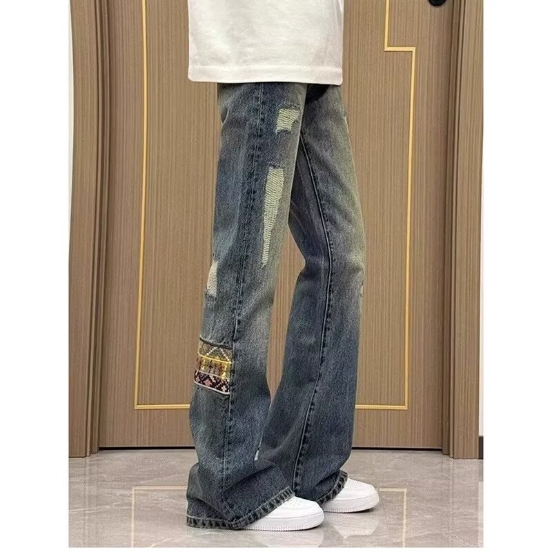 Retro Ethnic Style Embroidered Patchwork Jeans for Men, Cleanfit Slim Straight-Leg Flared Pants, Trendy Casual Pants