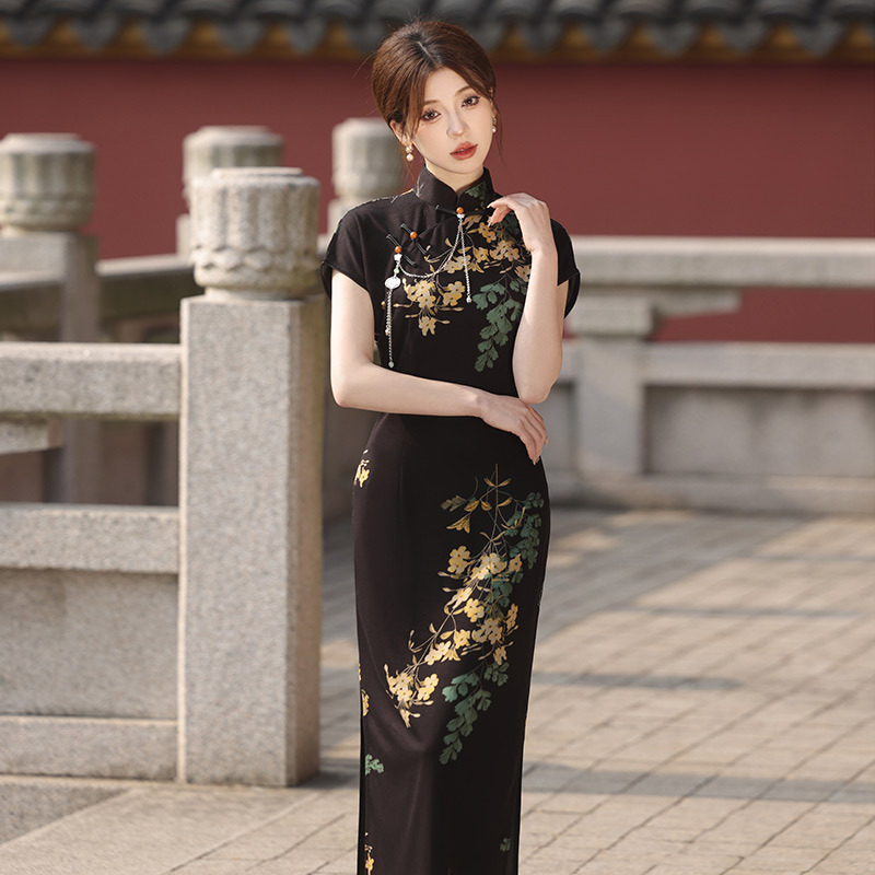 黑色國風中式長款改良旗袍2024新款年輕款女復古修身短袖日常可穿