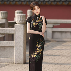 黑色國風中式長款改良旗袍2024新款年輕款女復古修身短袖日常可穿