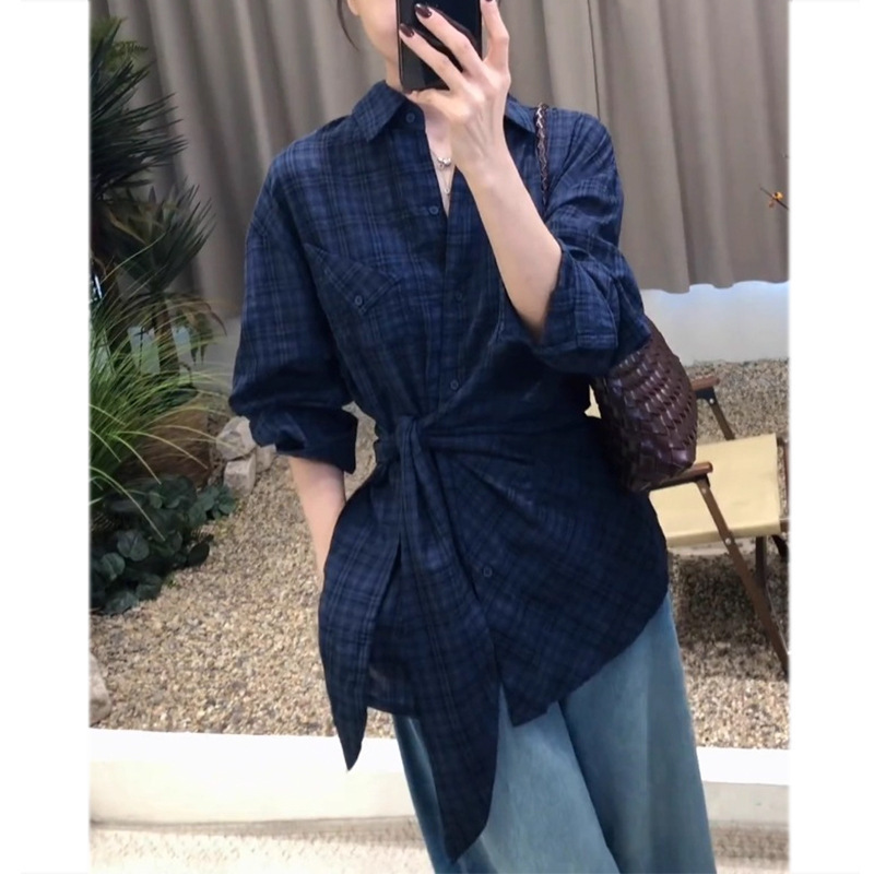 蓝色格纹收腰衬衫女高级感轻奢减龄洋气又a又飒冷淡系设计感上衣|undefined