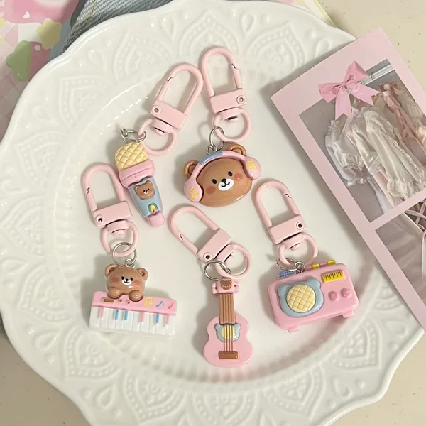 Pink Buckle I48 Cute Pink Music Bear Keychain Cartoon Student Fun Bag Pendant Couple's Best Friend Gift