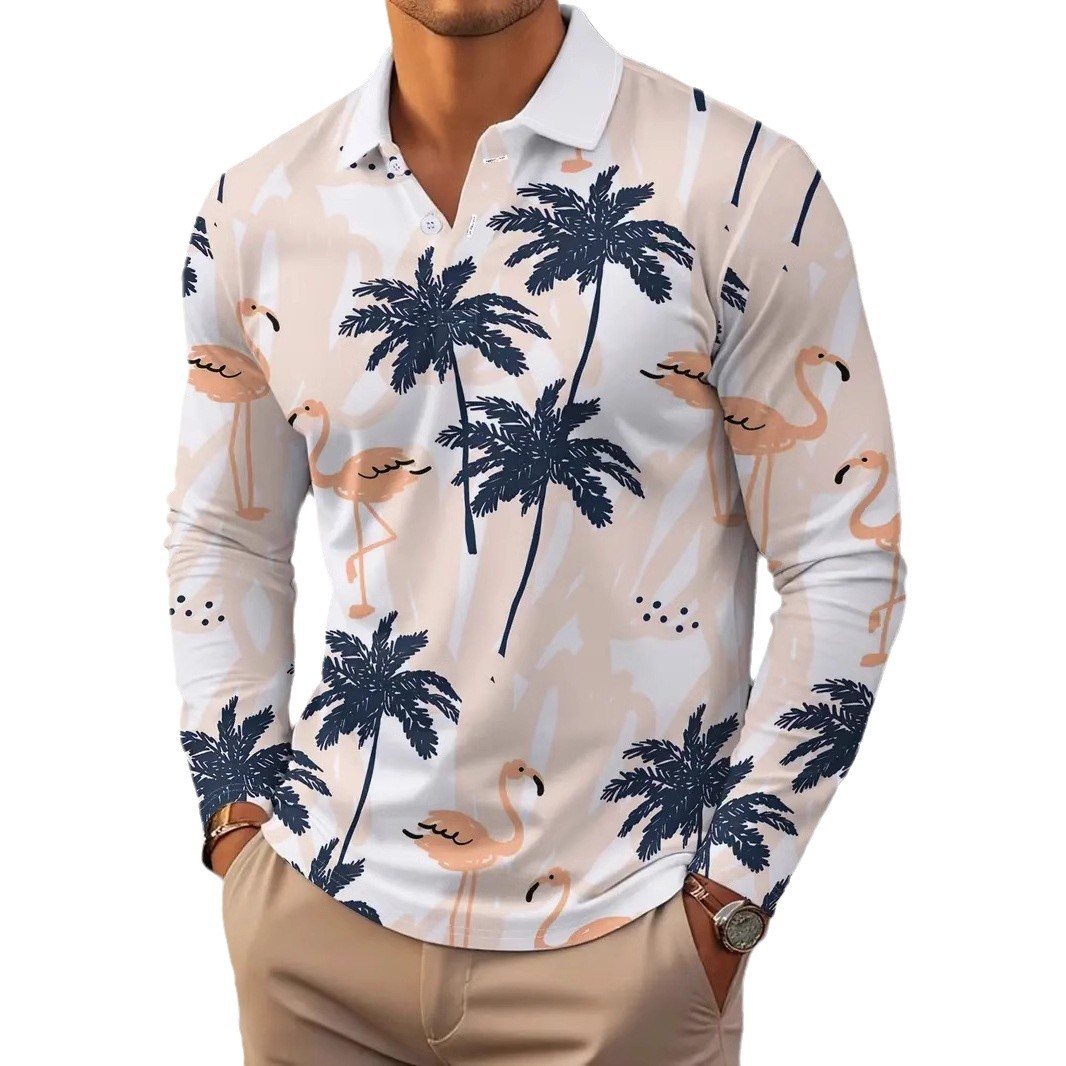 Vacaciones casuales para hombres malla suelta transpirable manga larga botón cuello POLO camisa venta caliente playa cocotero impresión 3D