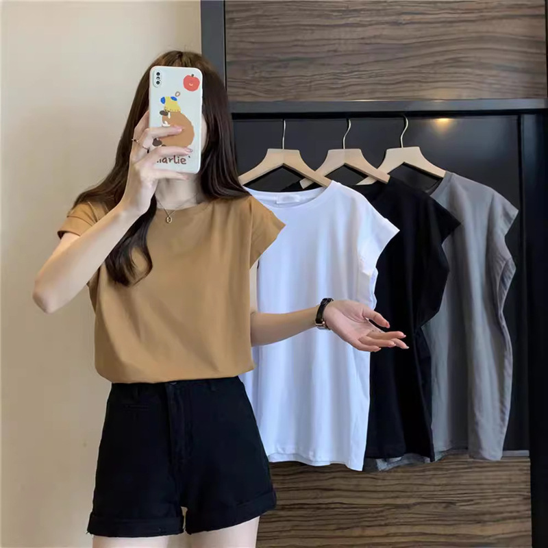 Trendy Women's T-Shirt with Small Flutter Sleeves, 2026 Summer New Style, Loose Fit, Short Sleeve, Suitable for Students