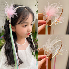兒童發箍古風漢服蝴蝶羽毛頭飾超仙古裝髮飾女孩珍珠頭箍飄帶發箍
