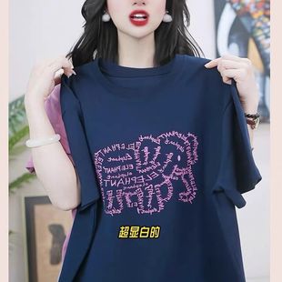 Korean Style Design Sense Letter Elephant Printed Short-sleeved T-shirt Women's 2025 Summer New Loose T-shirt Top Fashion Brand