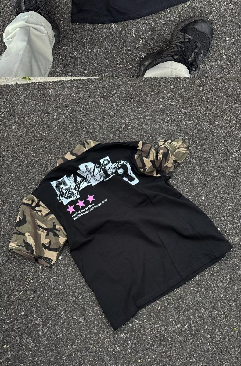 Men's Clothing Men's Hip Hop Camouflage Patchwork Collared Short Sleeve T-Shirt Trendy Streetwear Loose Fit Casual Five Quarter Sleeve For Couples_viptrois.com