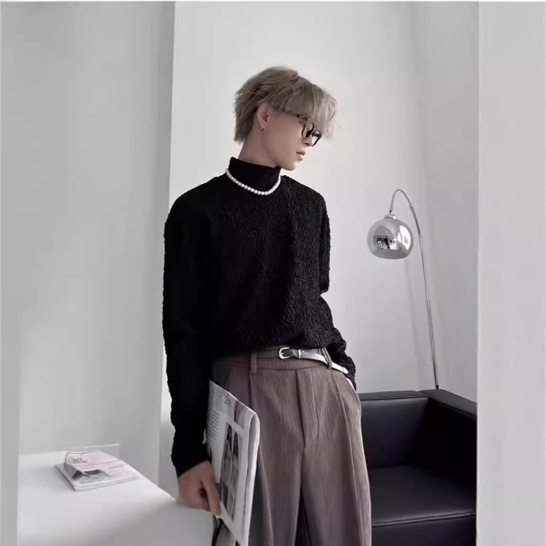 단색 높은 칼라베이스 셔츠 남자의 틈새 최고급 가을과 겨울 소년 드레이프 느슨한 주름 된 내부 티셔츠 트렌디