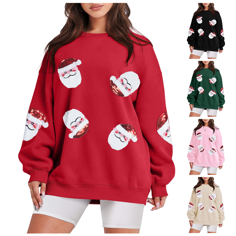 Amazon's Hottest Sequined Santa Claus Long-Sleeved Sweatshirt Women's Autumn and Winter Loose Large Size Round Neck Top European and American