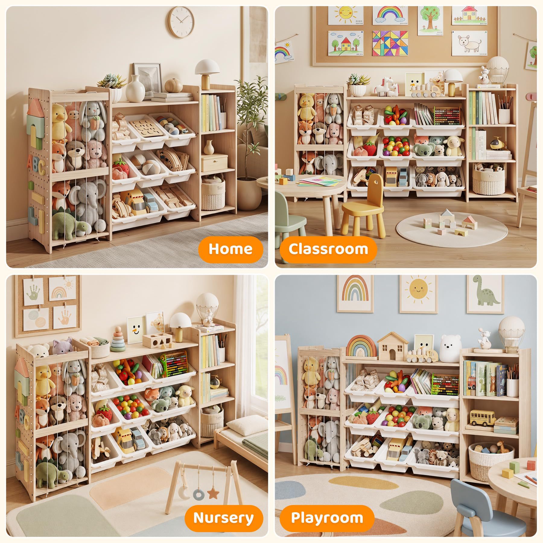 Çapraz Sınır Katı Ahşap Oyuncak Rafı Montessori Anaokulu Oyuncak Depolama Rafı Çok Katmanlı Kitaplık Çocuk Oyuncak Saklama Rafı
