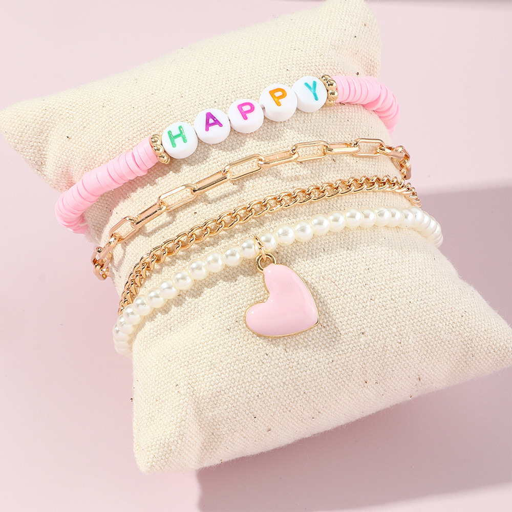 Fashion Pink Heart Pearl Letters Polymer Clay Anklet Foot Ornaments Four-Piece Set