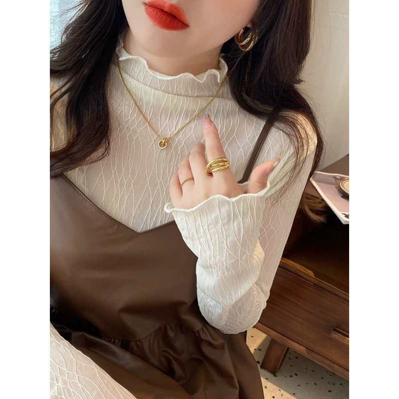 Кружевная нижняя рубашка женский 2024 новый осенний тонкий белый маленький ароматный ветер с полувысоким воротником сетчатой пряжи черный топ