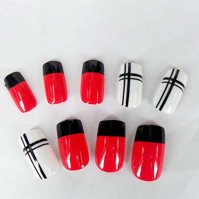 可定制贴合穿戴甲片 撞色拼接潮流甲片 24片长款线条背胶美甲贴片