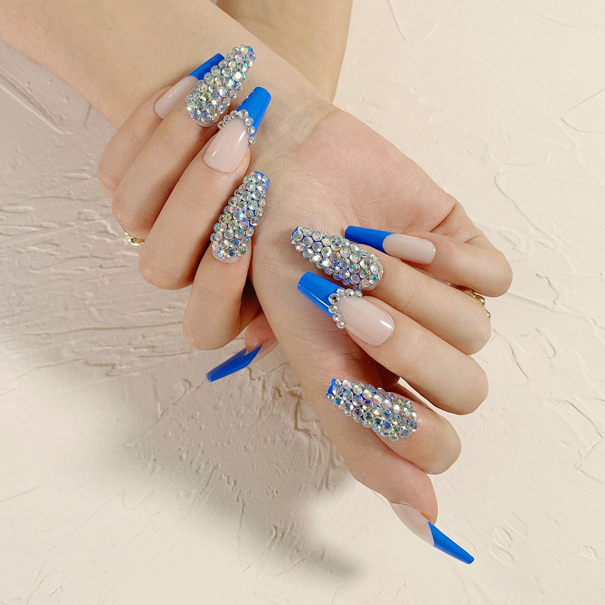 Blue French full diamond presson nail we...