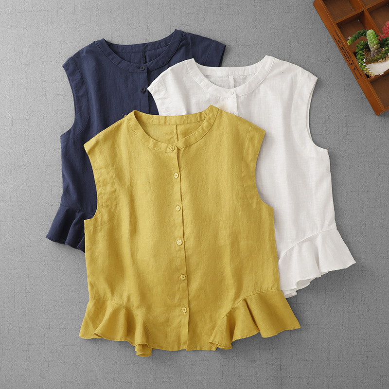 Real Shot of 2025 Summer New Style Breathable Ruffled Hem Single-Breasted Sleeveless Slim Shirt Top for Women